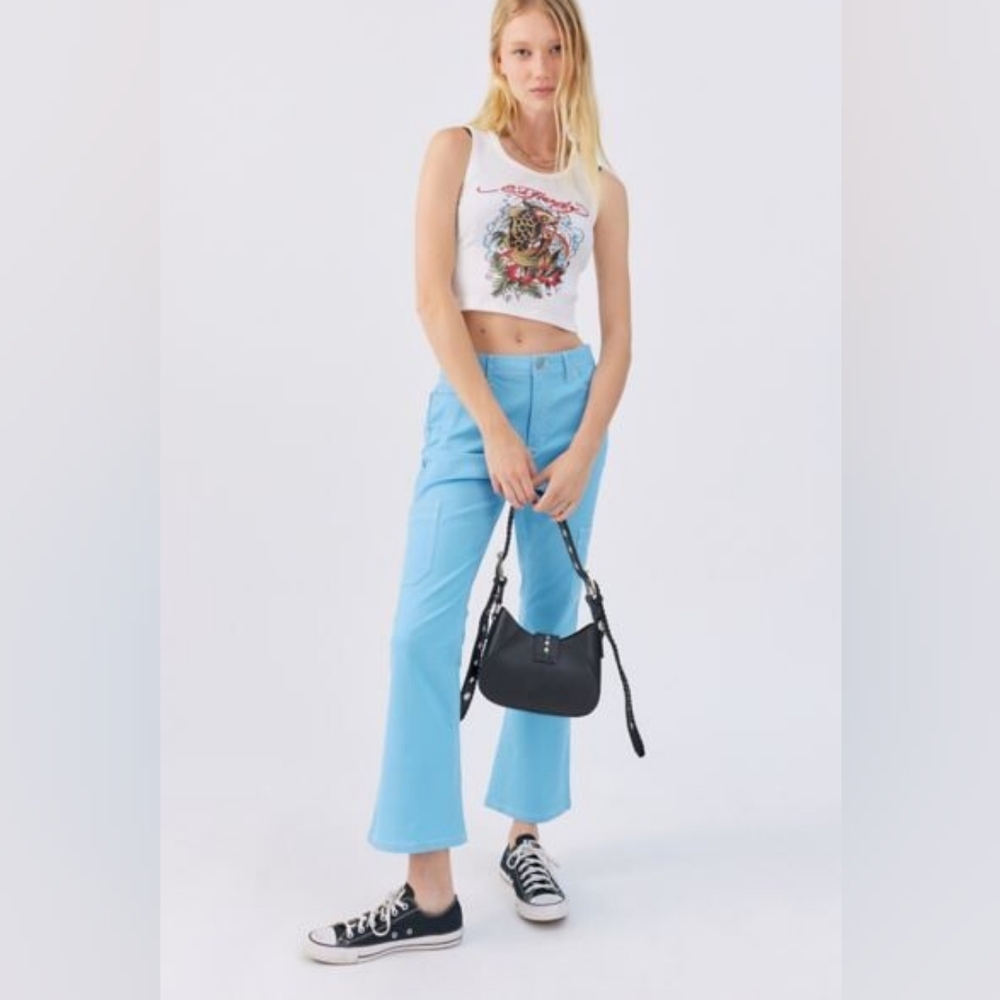 New BDG Lia Twill Robin Egg Blue Retro Look Slight Flare Crop Leg Pants Sz6